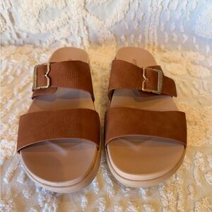 Women’s Brown Double-Strap Slide Sandals with Buckle Accent #520
